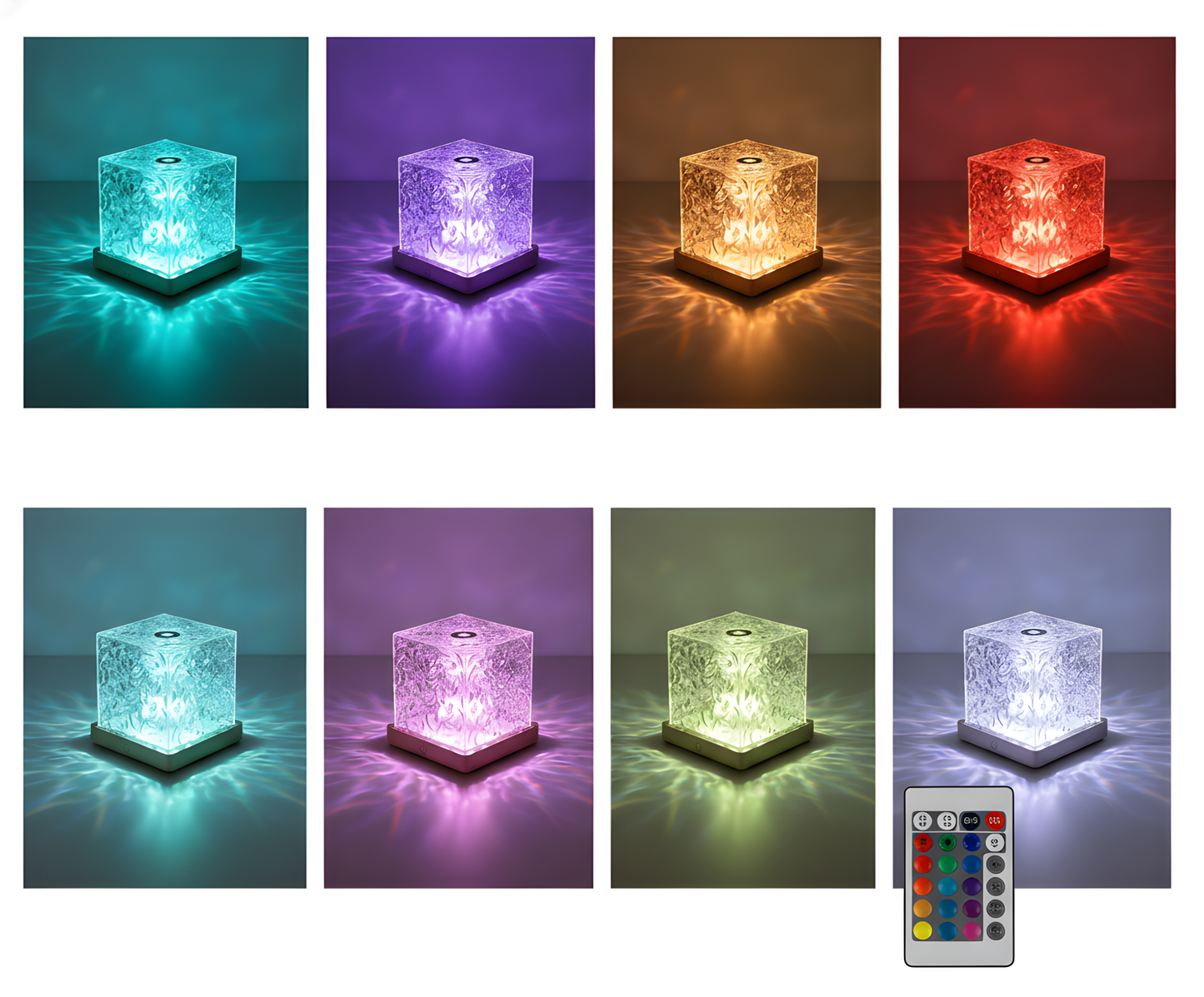 Cube-shaped night light changing colors with a remote control on a dark background
